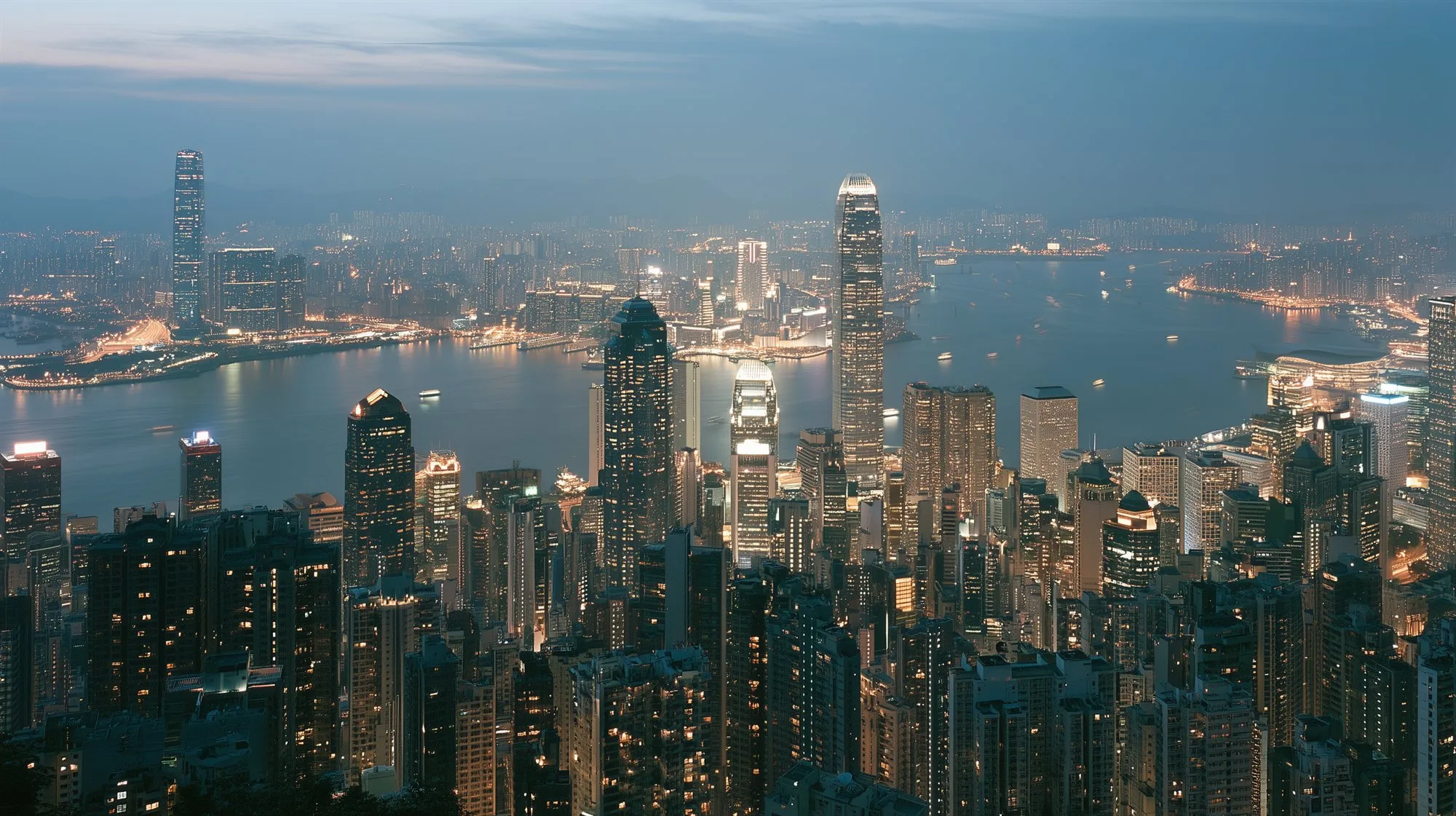 The Hong Kong skyline seen from Victoria Peak at blue hour